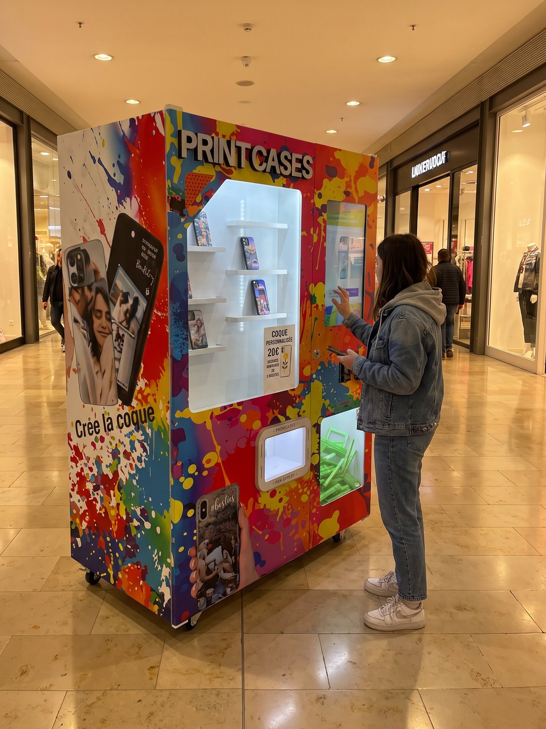Une cliente compose sa coque sur l’écran d’un distributeur SnapCase installé dans la galerie d’un centre commercial